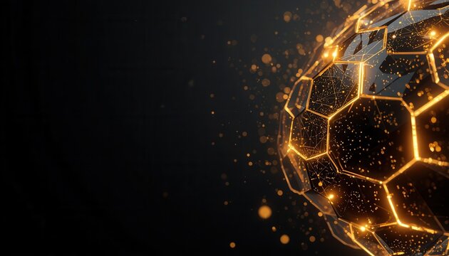 Abstract Geometric Energy Sphere: A glowing, multifaceted sphere composed of interconnected geometric shapes pulsates with internal light, symbolizing energy, technology, and innovation on a dark.