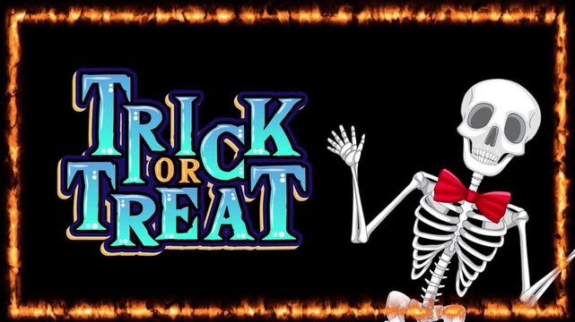 Animated Skeleton with Trick or Treat Text in Fire Frame