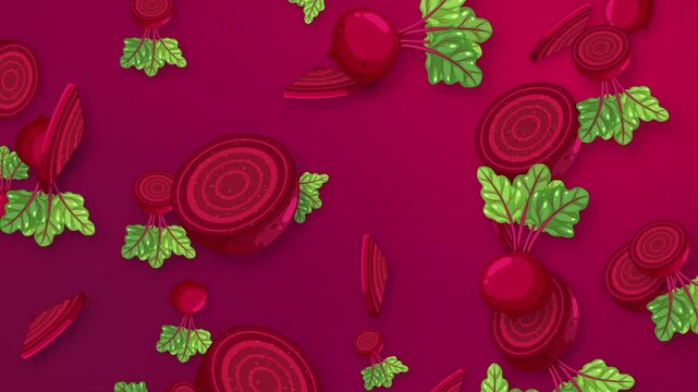 Animated Falling Beetroot Slices and Whole Vegetables on Purple Background