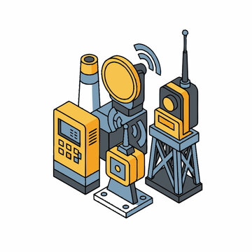 Industrial communication station showing radar dish and control panels rendered as a clean isometric vector illustration.