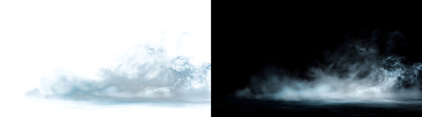 Ethereal blue mist hovering over a dark reflective floor with rising smoke wisps for atmospheric design in PNG, Transparent and Black Background Versions © Rubel