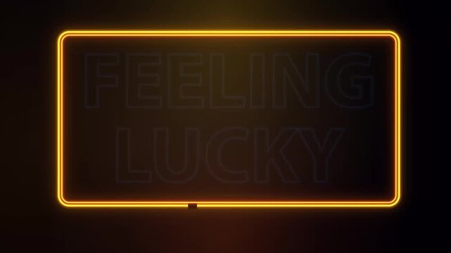Flickering Neon Feeling Lucky Sign with Blue Text and Yellow Border