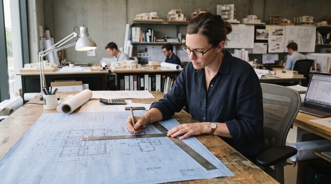 Architect Analyzing Blueprints and Technical Drawings in Office