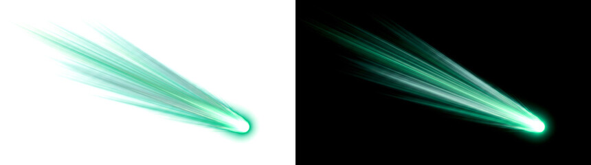 Blazing emerald meteor light trail streaking diagonally across a black backdrop with wide fanning motion for design in PNG, Transparent and Black Background Versions © Rubel
