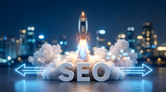 Rocket Launching from SEO Analytics Display Representing Search Optimization, Website Growth and Digital Performance