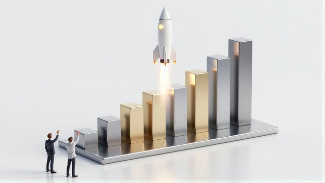 Rocket launches atop growing bars, symbolizing business success and upward trends.