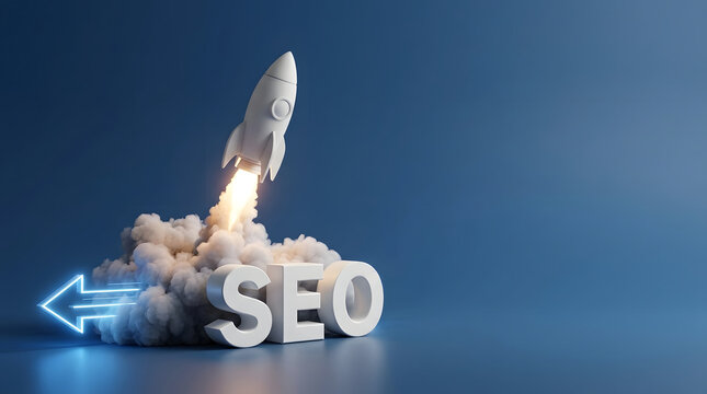Rocket Launching from SEO Analytics Display Representing Search Optimization, Website Growth and Digital Performance