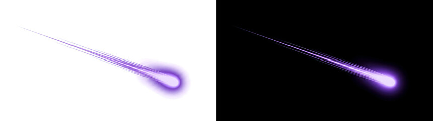 Glowing purple comet light streak flying diagonally across a black backdrop with sleek speed motion trails for design in PNG, Transparent and Black Background Versions © Rubel