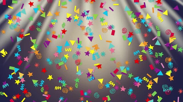 Colorful Mixed Geometric Shapes Falling Through Bright Light Rays Background
