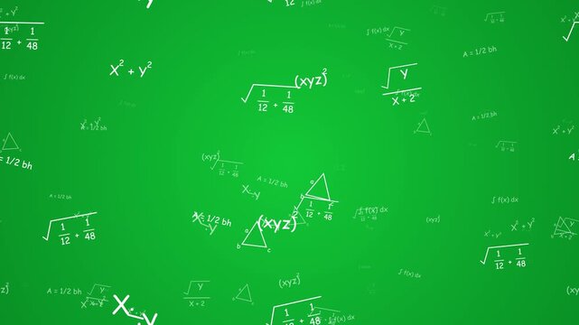 Green screen chroma key background with floating white math formulas. This seamless educational motion graphic loop is perfect for science and school learning video designs.