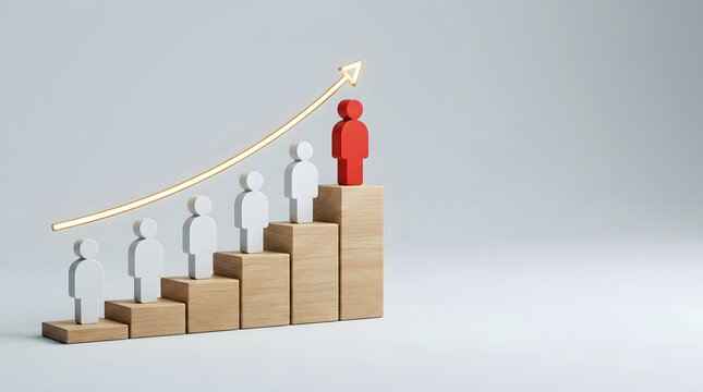 Wooden Figure Climbing Wooden Steps with Upward Arrow Representing Leadership Development and Progressive Career Advancement