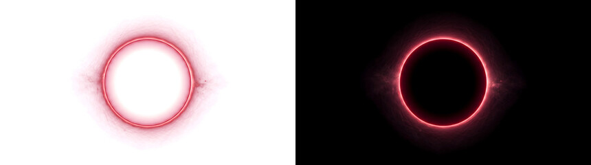 Glowing red eclipse ring illuminated intensely around a dark circular void for cosmic sci-fi design in PNG, Transparent and Black Background Versions © Rubel