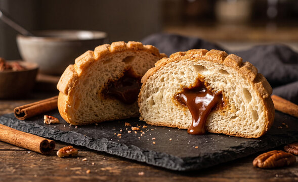  golden concha sweet bread cut in half, revealing a rich cajeta (goat milk caramel) filling on a dark stone tile,  Glossy cajeta dripping slowly down the soft white inner crumb.