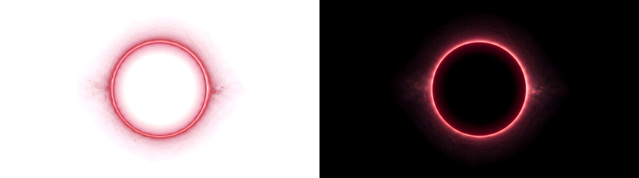 Glowing red eclipse ring illuminated intensely around a dark circular void for cosmic sci-fi design in PNG, Transparent and Black Background Versions