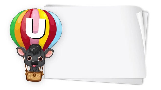 Animated Cartoon Animal in Hot Air Balloon with Blank White Banner