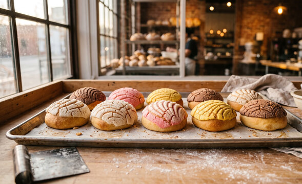 baked golden concha sweet breads lined up on a sheet pan covered in parchment paper,  Fluffy baked sides and intricate seashell sugar crusts.