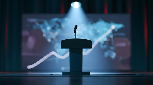 Podium Speech at Business Conference with Rising Growth Graphics Representing Professional Presentation and Corporate Development