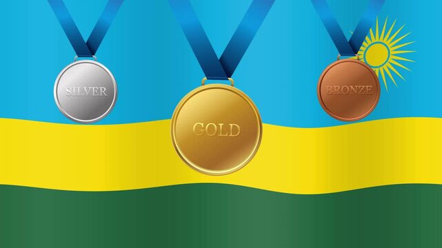 Rwanda Flag Waving with Gold Silver and Bronze Medals