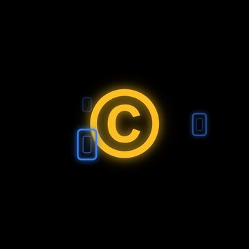 Glowing orange copyright symbol centered amidst flickering blue rectangular outlines against a dark black background creating a minimalist motion graphic