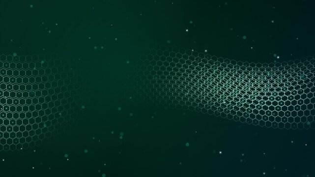 Dark emerald green gradient background with a glowing wavy hexagonal grid. This seamless abstract motion graphic loop is perfect for futuristic bio tech video designs.
