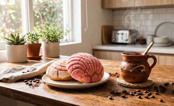 Bright modern kitchen counter featuring two colorful pink concha sweet breads beside a rustic clay mug of steaming cafe de olla,  Distinct white and pink seashell sugar topping with fine sugary 