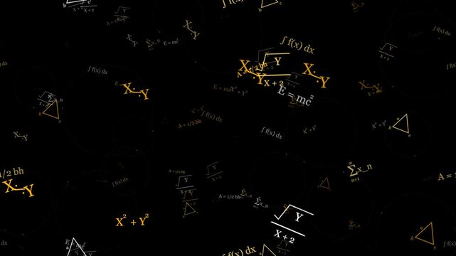 Dark background with floating golden physics and math equations. This seamless educational motion graphic loop is perfect for science and astrophysics video designs.