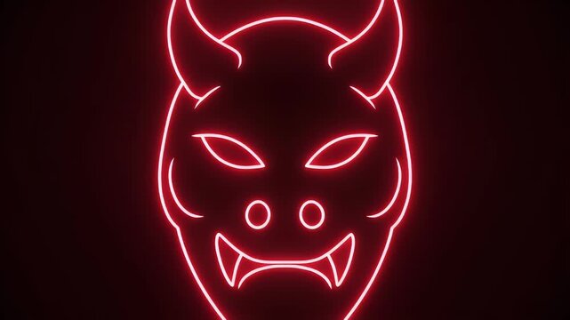 Vibrant red neon outline of a traditional Japanese Hannya or Oni mask with horns and fangs glowing in the dark.