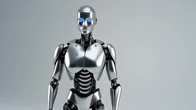 A detailed front view of a futuristic metallic humanoid robot with bright blue eyes standing against a plain background.