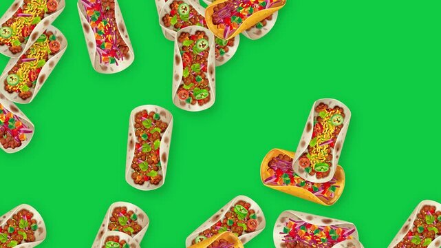Falling Tacos and Burritos Animation on Green Screen Background