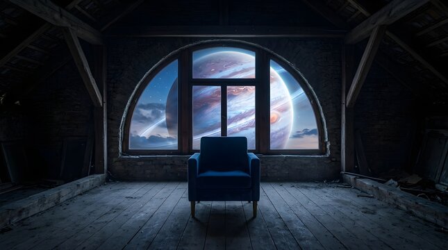 An armchair sits in a dark attic room facing a giant planet in space.