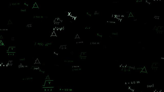 Dark background with falling green glowing math formulas. This seamless matrix motion graphic loop is perfect for futuristic hacker and educational science video designs.