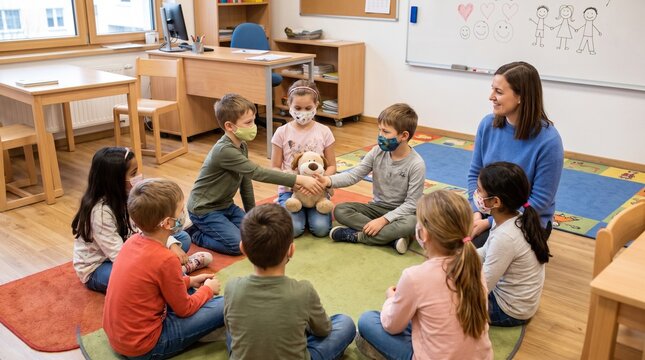 Children wearing masks sit in a circle in a classroom with their teacher, shaking hands over a stuffed animal