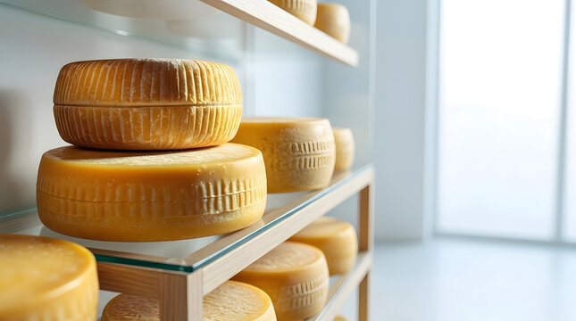Round Cheese Wheels Arranged on Wooden Aging Rack Representing Traditional Food Production and Artisan Dairy Craft