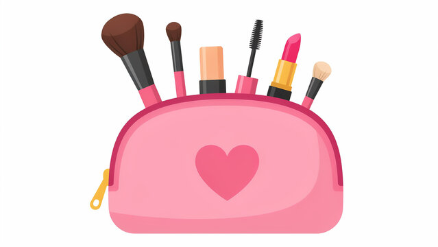 A flat illustration of a pink makeup bag with a heart on the front, filled with various makeup tools including brushes, a mascara wand