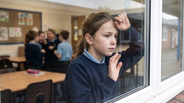 Sad schoolgirl looking out classroom window feeling excluded while classmates laugh inside