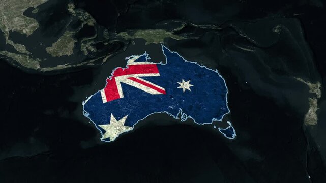 Australia map animation showing national flag waving over island continent