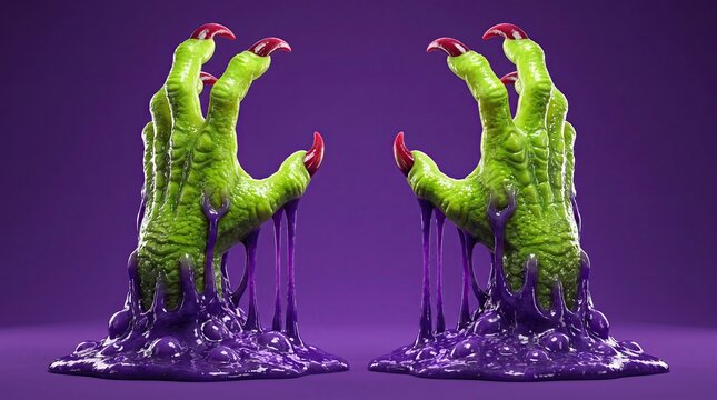 Two dripping green monster hands reaching out against a vibrant purple background