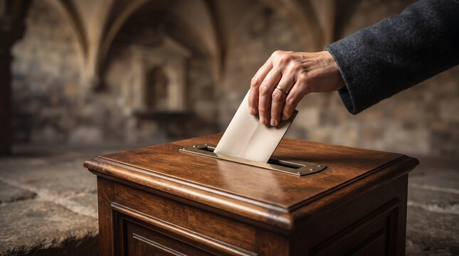 Man voting in a wooden ballot box historic election concept