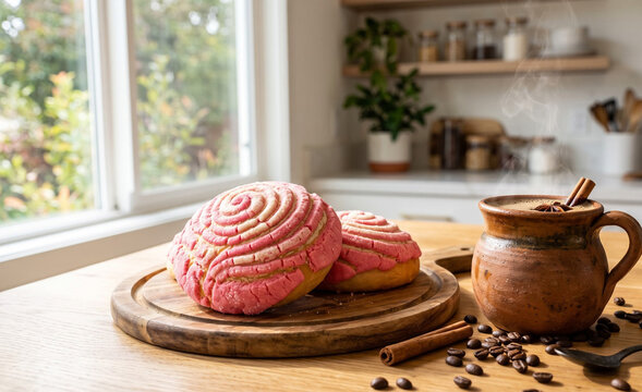 Bright modern kitchen counter featuring two colorful pink concha sweet breads beside a rustic clay mug of steaming cafe de olla,  Distinct white and pink seashell sugar topping with fine sugary 