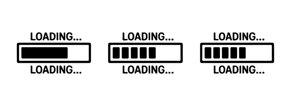 Clean black loading indicators with block segments and text labels for modern website dashboard interfaces.