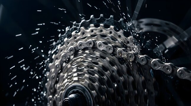 Close up of a bicycle chain and gear cassette rotating with water spray