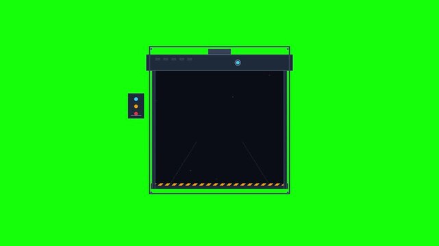 Flat vector animation of an industrial warehouse roller shutter door opening on a green screen background