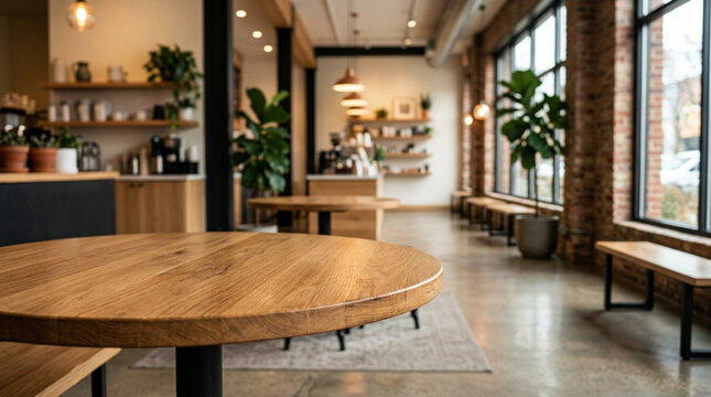 Empty Round Wooden Table in Cozy Modern Coffee Shop Interior