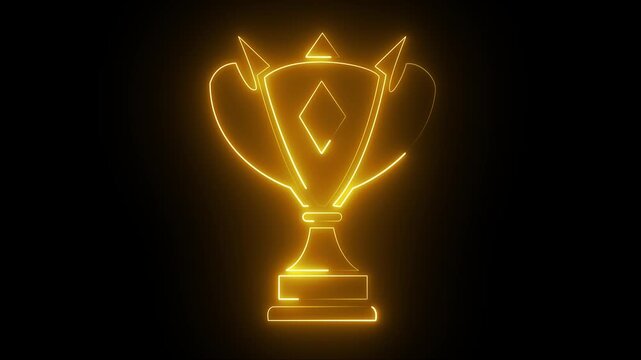 Neon sign luxury Champion golden winners trophy cup with falling golden confetti on bookend background. Winner trophy symbol icon, 4k