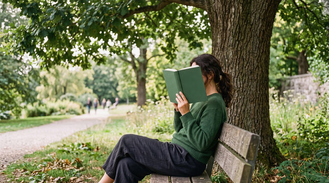 Woman reading a book on a wooden bench under a large tree in a green park setting