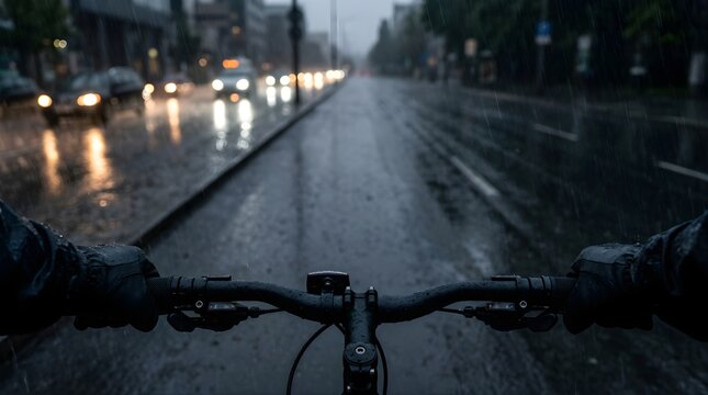 First person view of cycling on a wet city street during evening rain