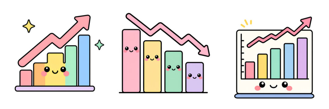 Cute bar chart kawaii graph happy statistic rising arrow falling arrow smiling face pastel color business analytics with adorable emotion