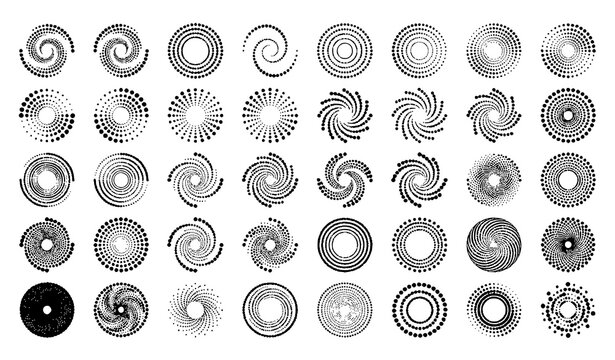 Halftone dot circle pattern bundle featuring black abstract spiral swirl radial loop vortex and concentric geometric design element vector
