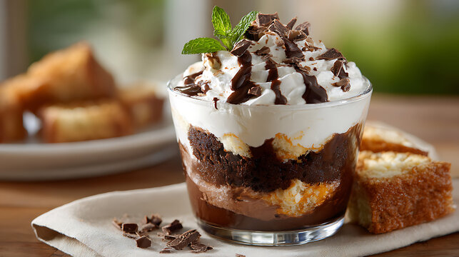 Layered chocolate trifle with cake, mousse, and whipped cream served in a glass cup, perfect for indulgent dessert menus and elegant presentations.