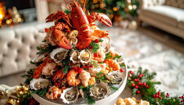 Seafood lobster shrimp oyster crab shellfish christmas holiday festive buffet Elegant seafood lobster shrimp oyster crab shellfish christmas holiday buffet centerpiece tiered Christmas Concept